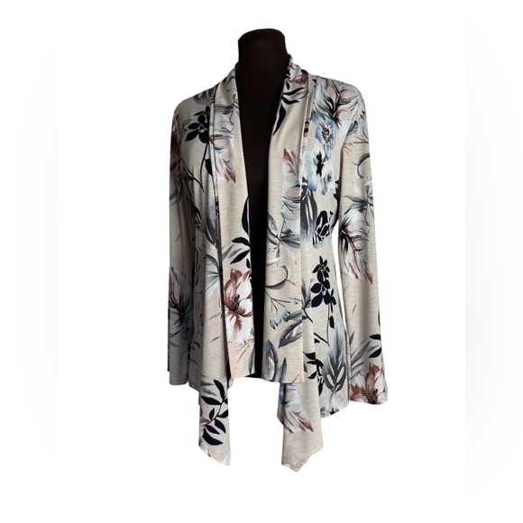 Jostar Slinky Travel Knit Open Front Cascade Hem Floral Print Top Cardigan - Picture 1 of 9